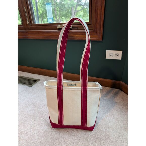 Vintage 80s Small Red LL Bean Zip Boat and Tote Long Strap Stiff Canvas Made USA - Picture 2 of 6